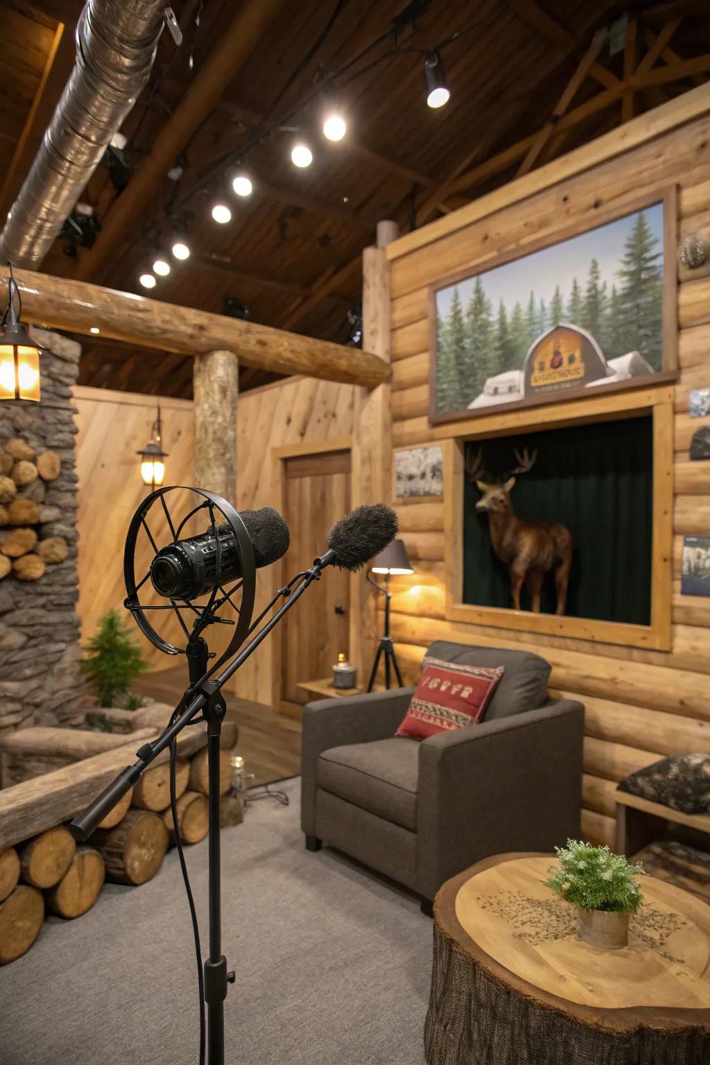 A podcast studio featuring a rustic theme.