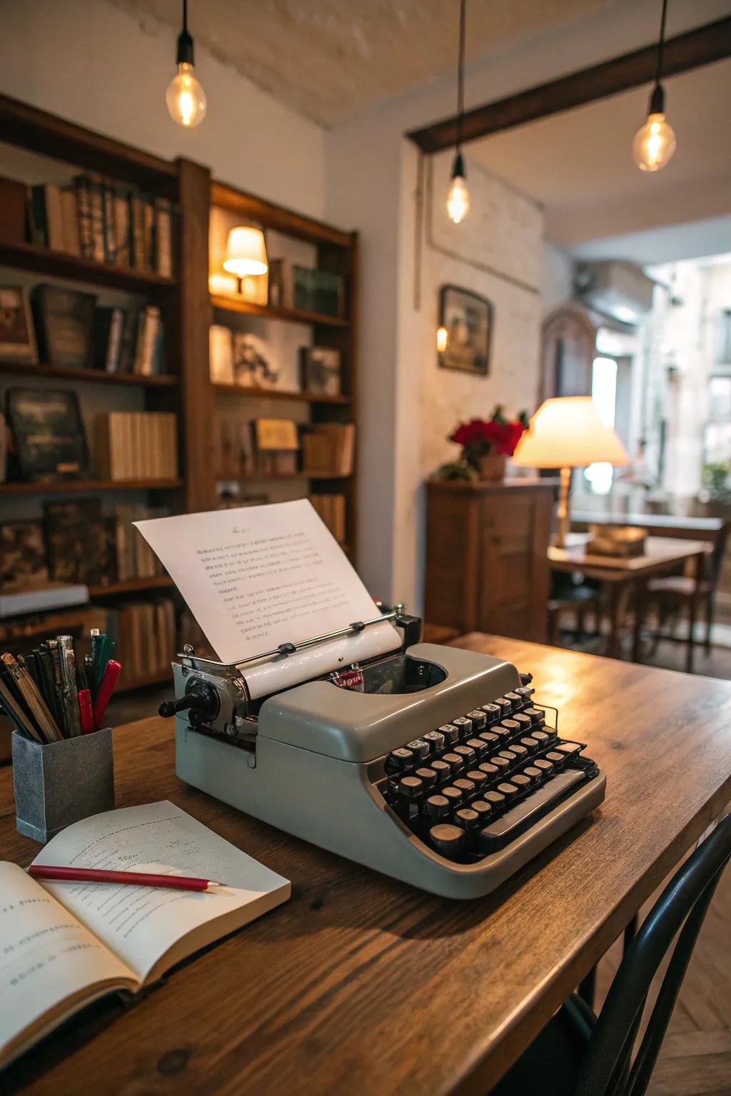 An antique typewriter arrangement introduces retro charm and sparks creativity.