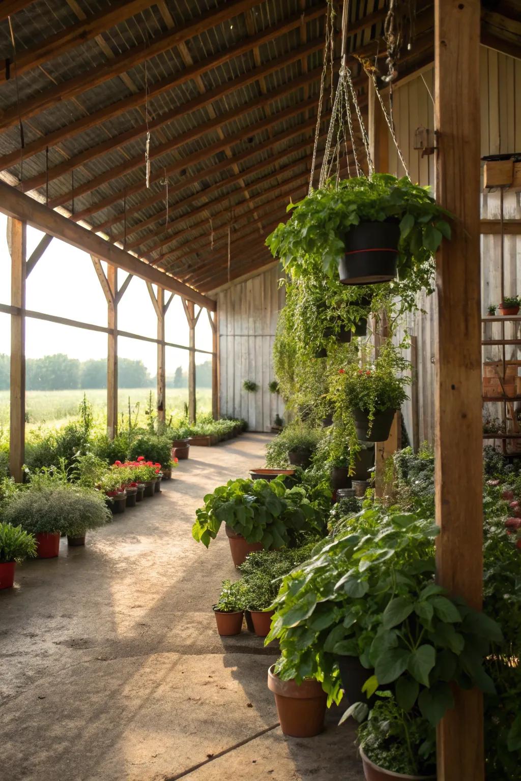 An indoor botanical garden within a pole barn featuring potted plants and dangling greenery.