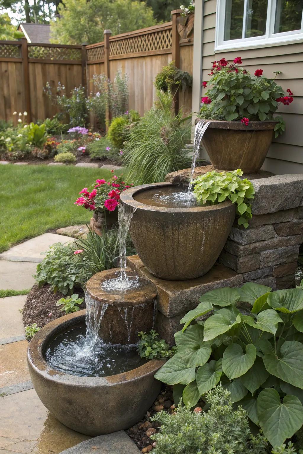 A tiered water feature with cascading containers.