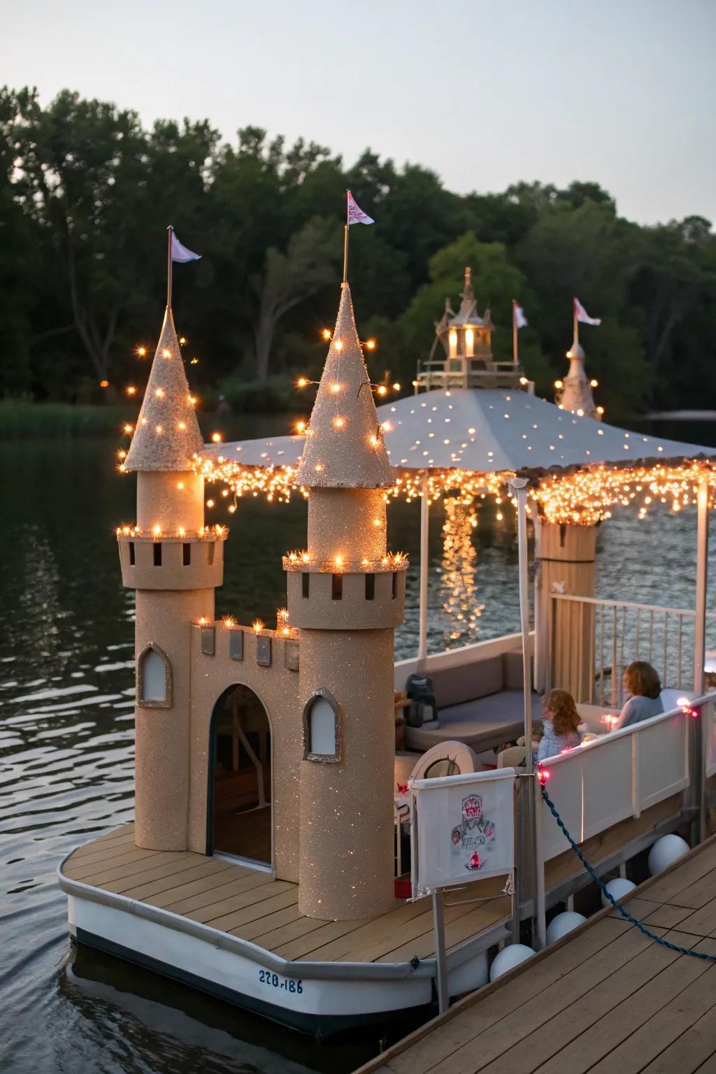 Fairytale castle-themed pontoon with enchanting towers.