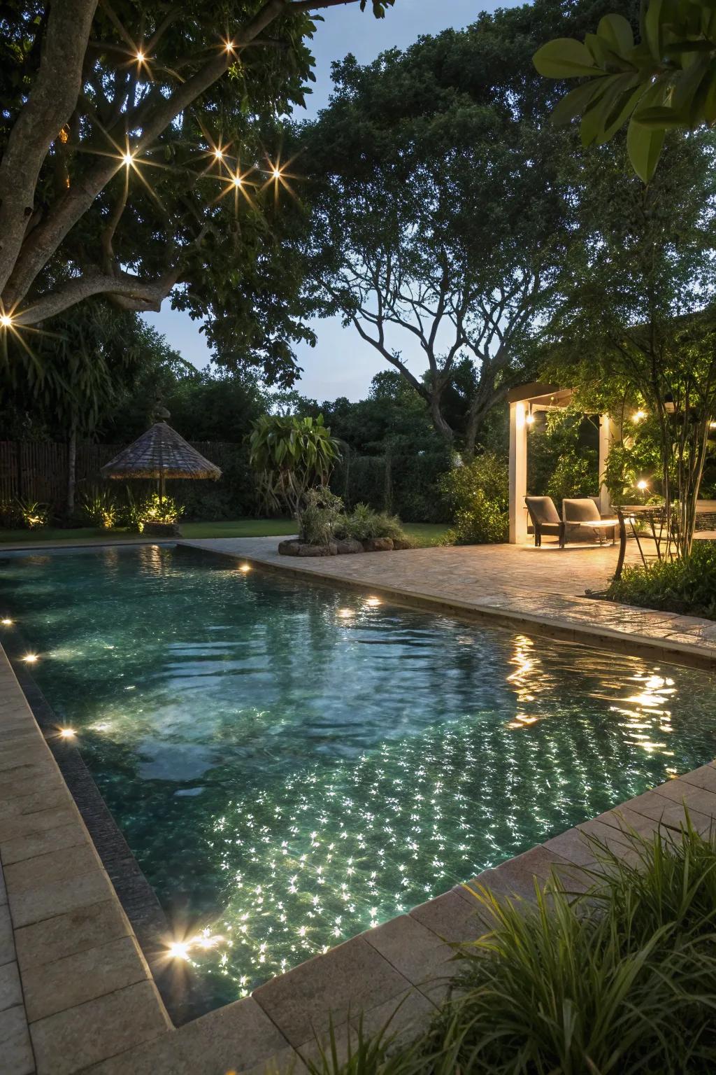 Reflected lighting results in a shimmering aquatic illusion at night.