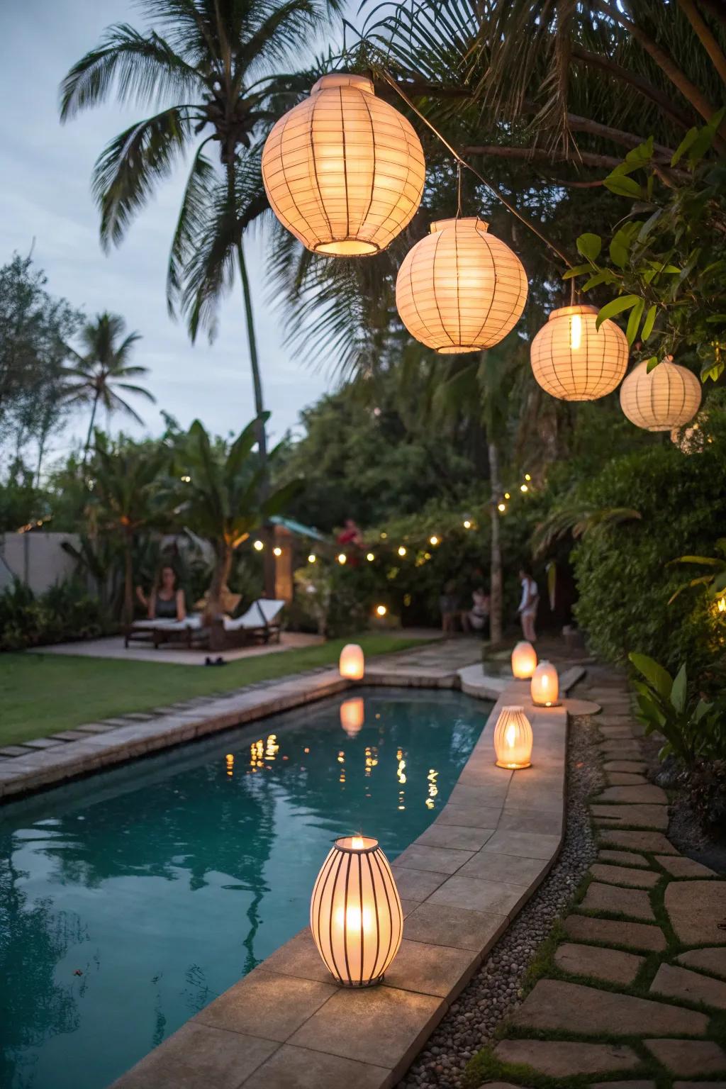 Tropical lanterns establish a cozy evening ambiance.