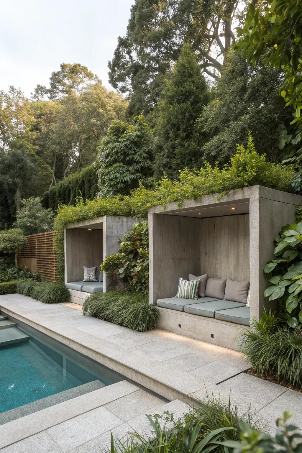 Hidden relaxation spots offer intimate spaces for relaxation by the pool.