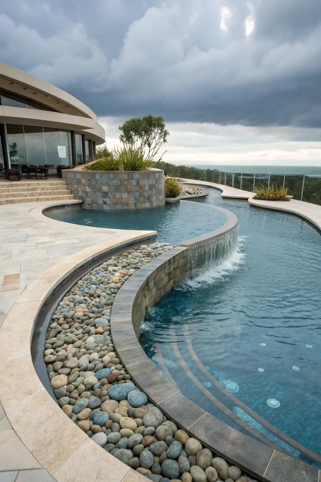 Curved coping designs lend a dynamic flow to pool borders.