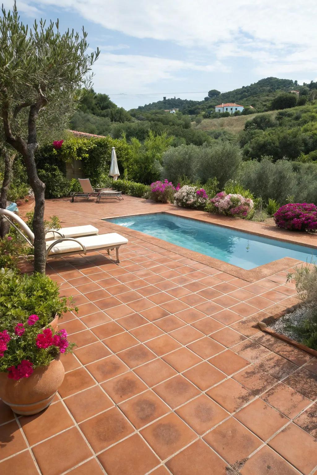 Bring Mediterranean charm to your pool deck with earthenware tiles.
