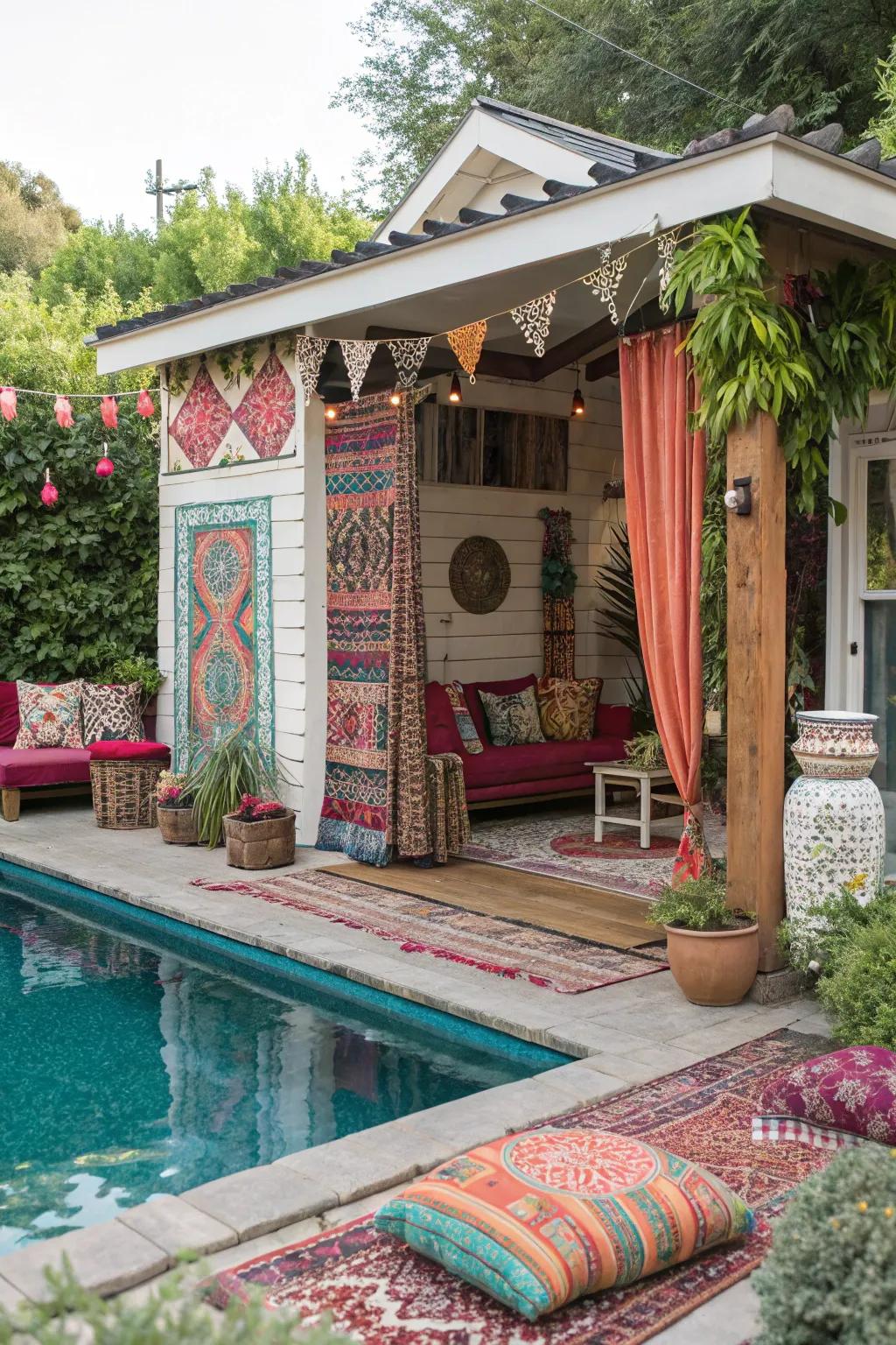 A bohemian-style pool house with vibrant and eclectic d&eacute;cor.