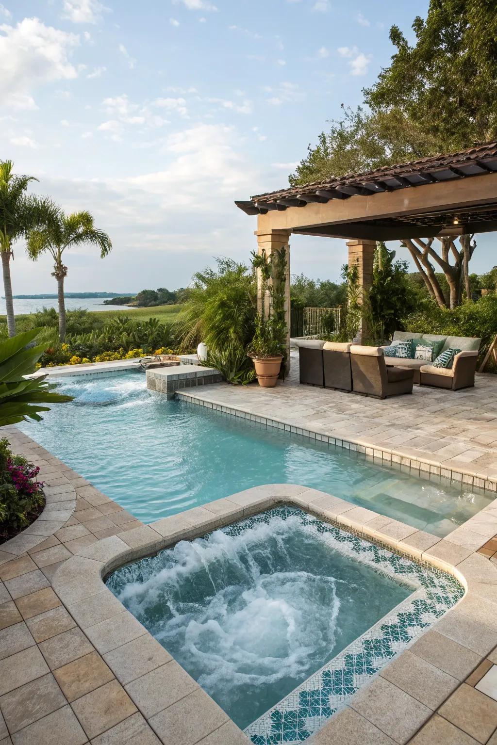 A pool featuring an integrated spa that promotes ultimate relaxation.