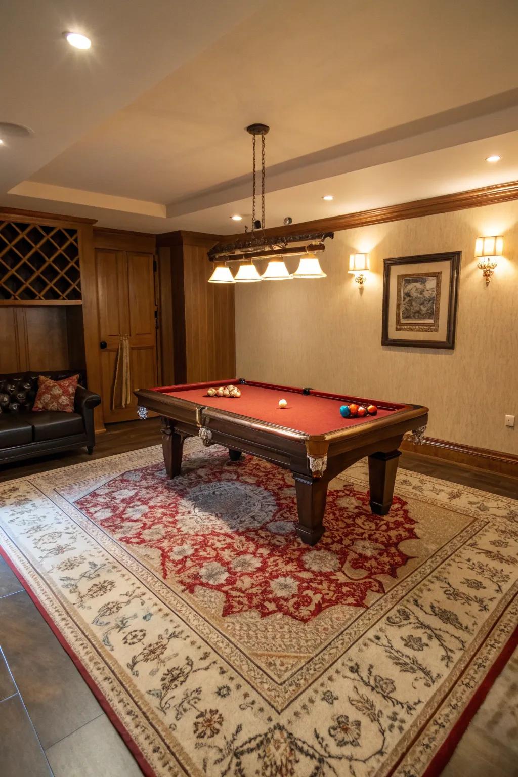 A highlight rug enriches the style and characterizes the area within a smaller billiard table setting.