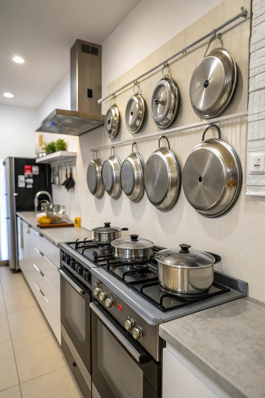Magnetic strips offer a clever way to store pot lids.