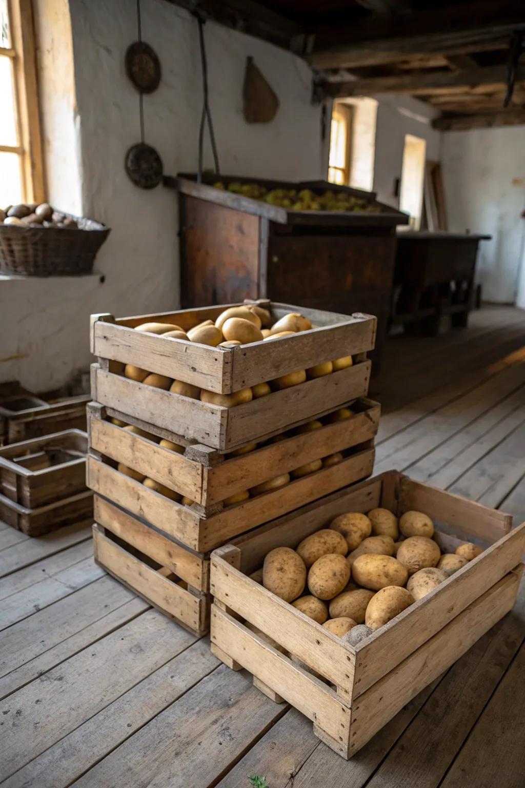 Timber boxes add rustic charm to potato storage.