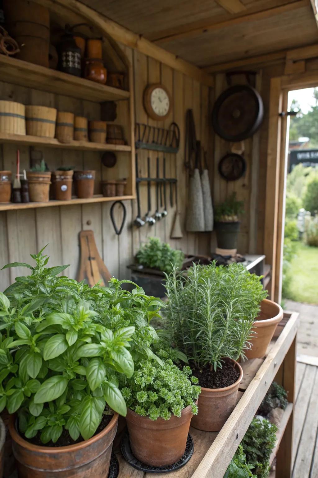 A potting shed featuring an aromatic herb corner.