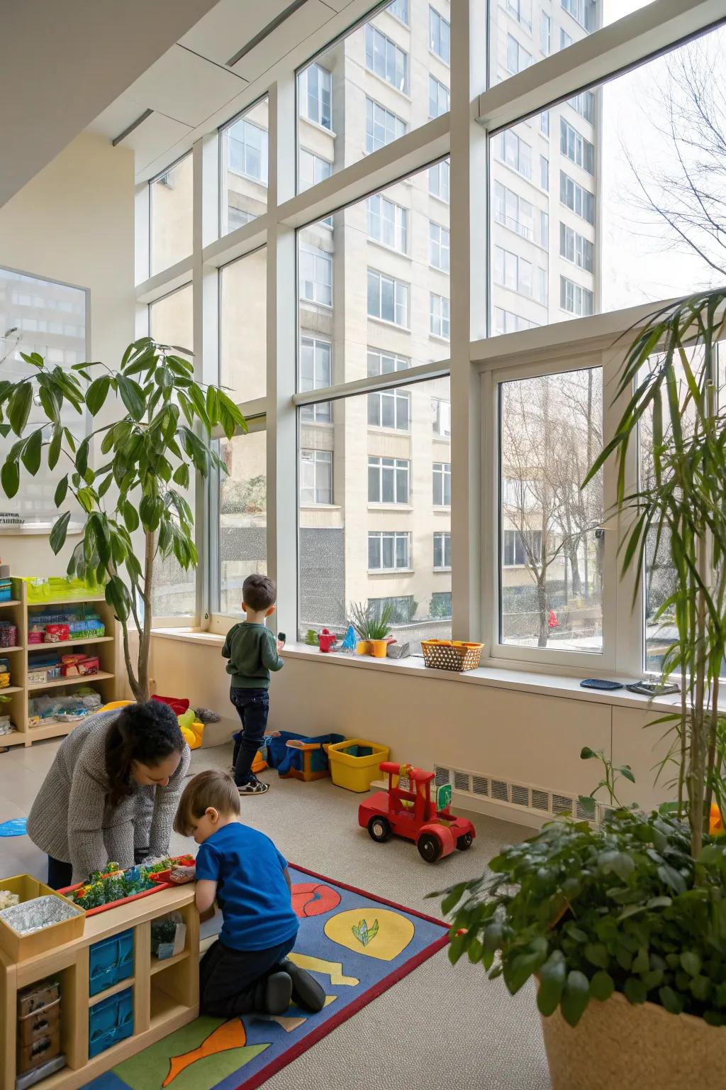 Natural light and plants elevating the classroom ambiance.