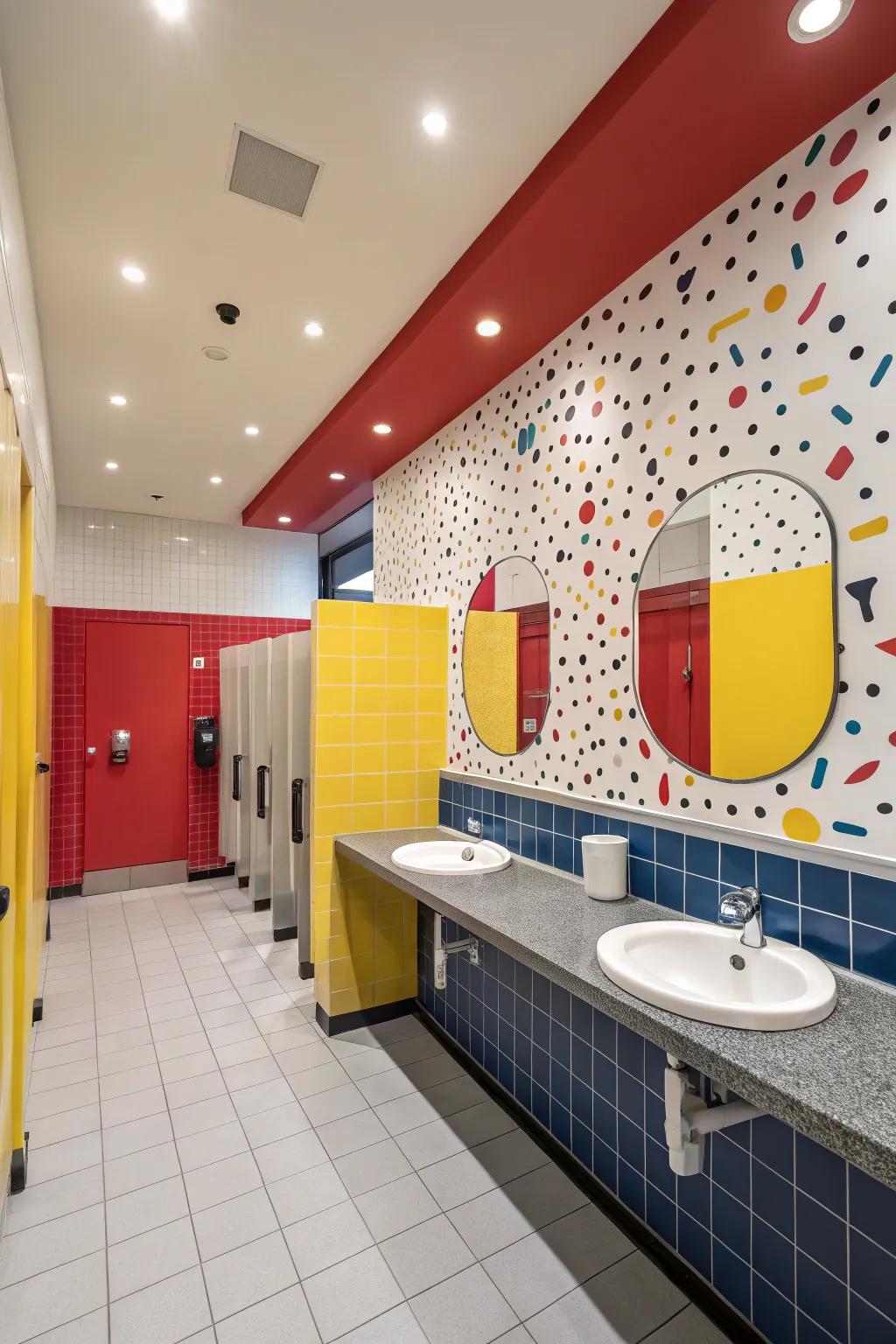 Vibrant color schemes add personality to shared restroom designs.