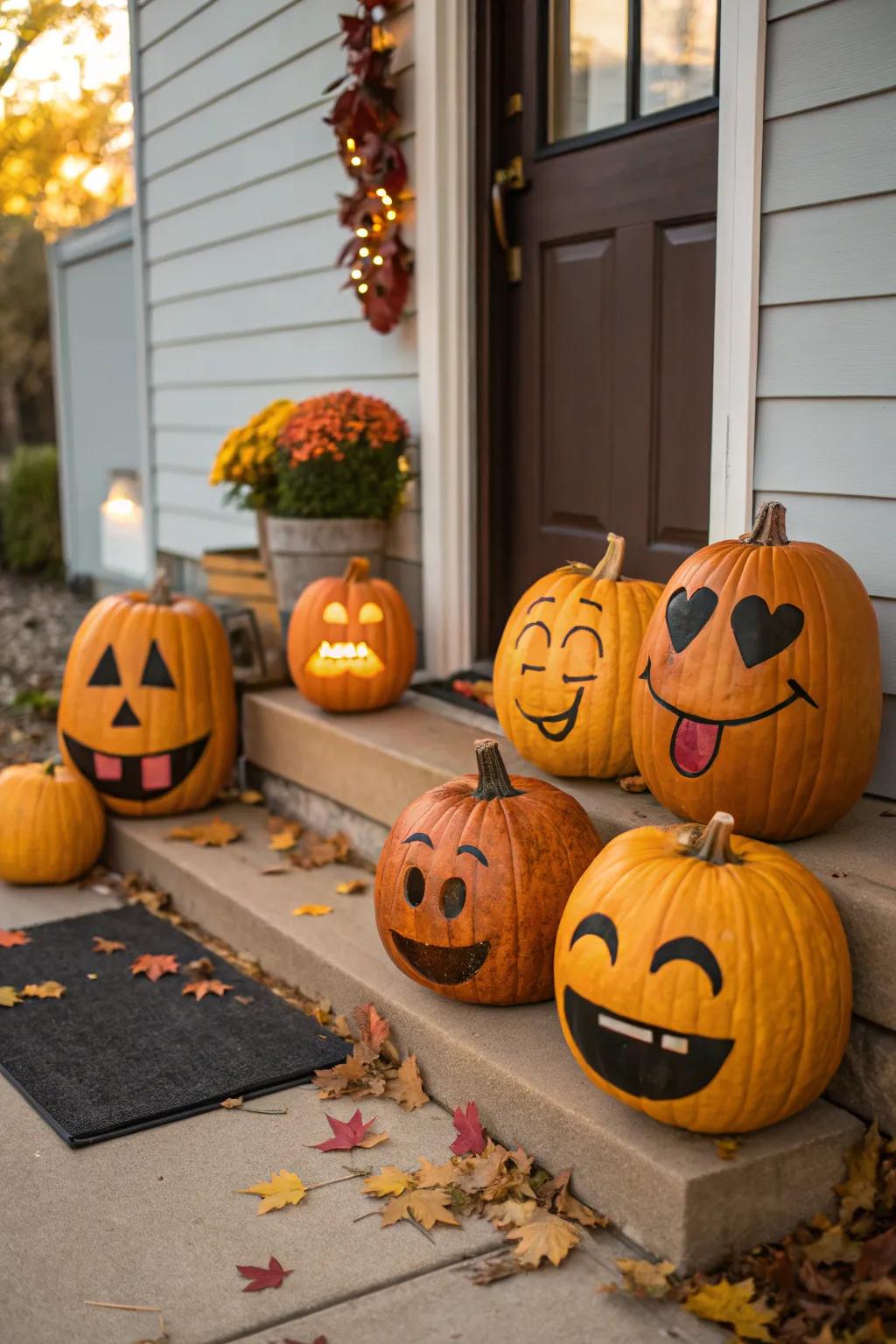 Enjoyable emoji pumpkins spreading smiles all around.