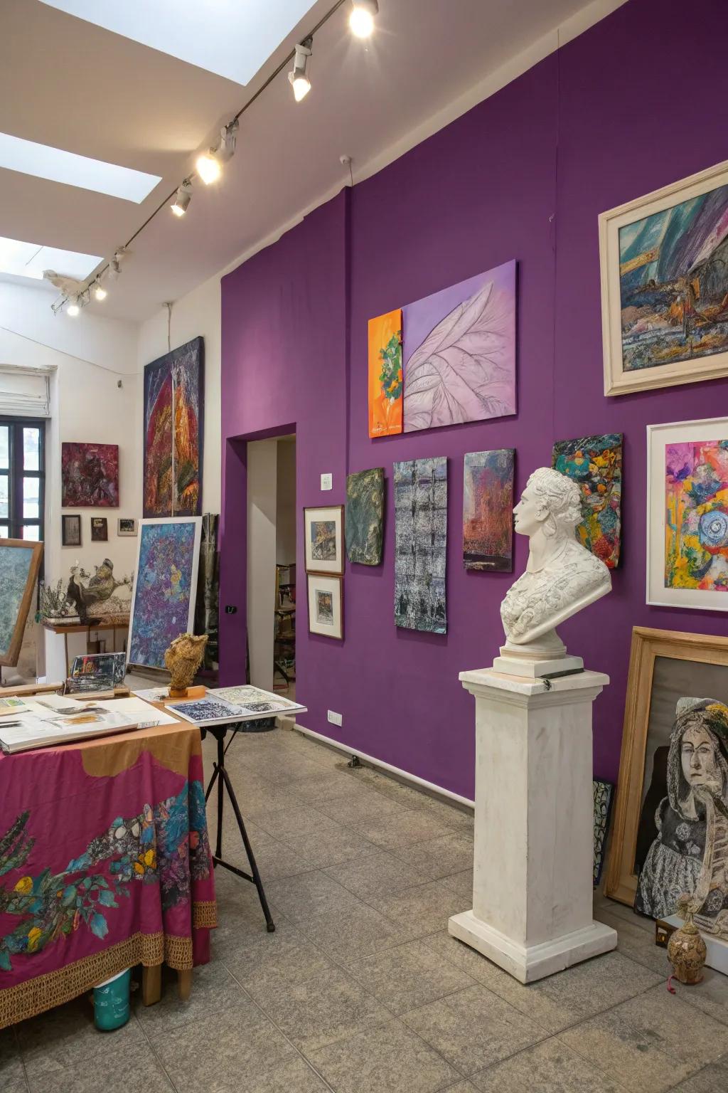 An art studio brought to life with purple walls and vibrant artwork.