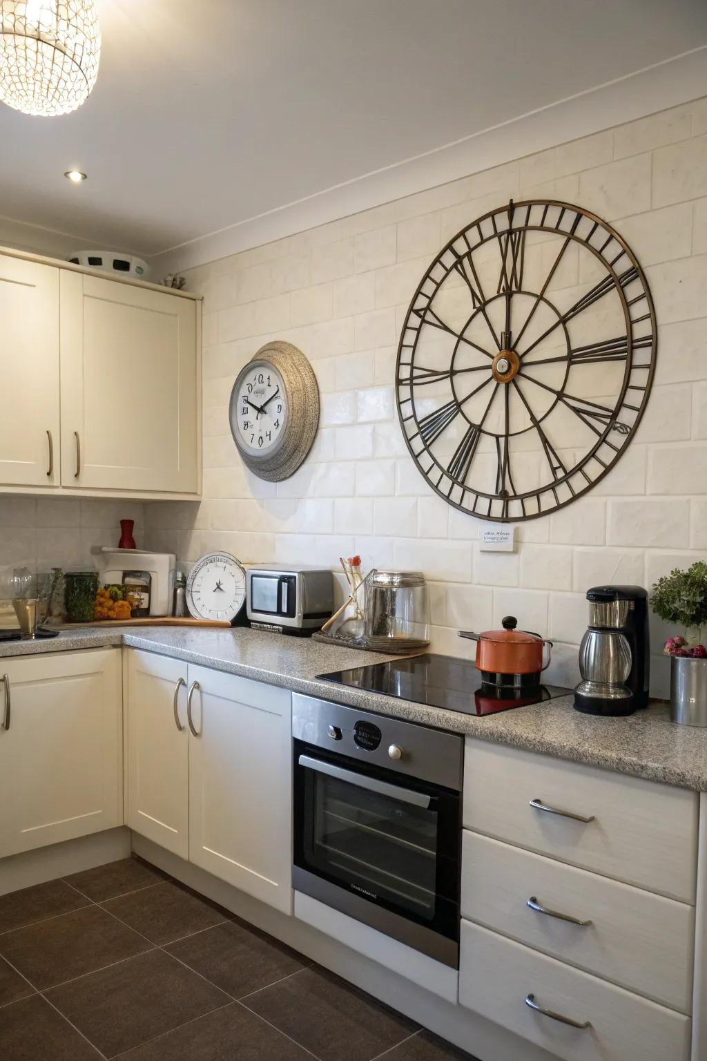 A kitchen wall adorned with a radial design clock.