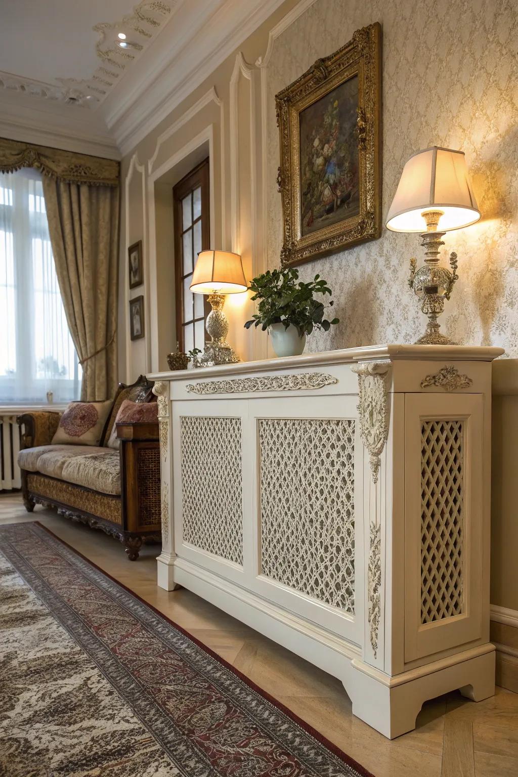 A classic-style radiator concealment with elegant details adds sophistication to any room.