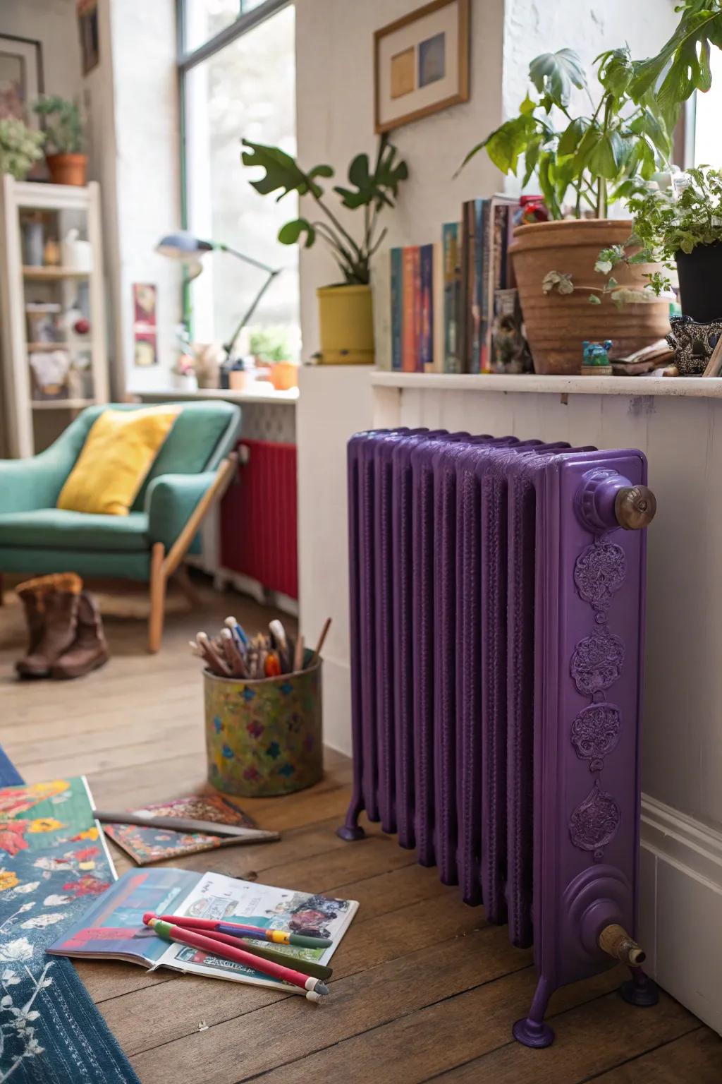 Purple radiators introduce regal flair.