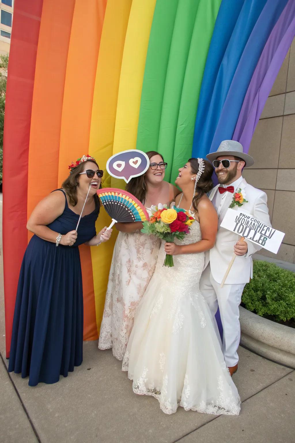 Guests enjoying a photo opportunity with a rainbow-themed setting.