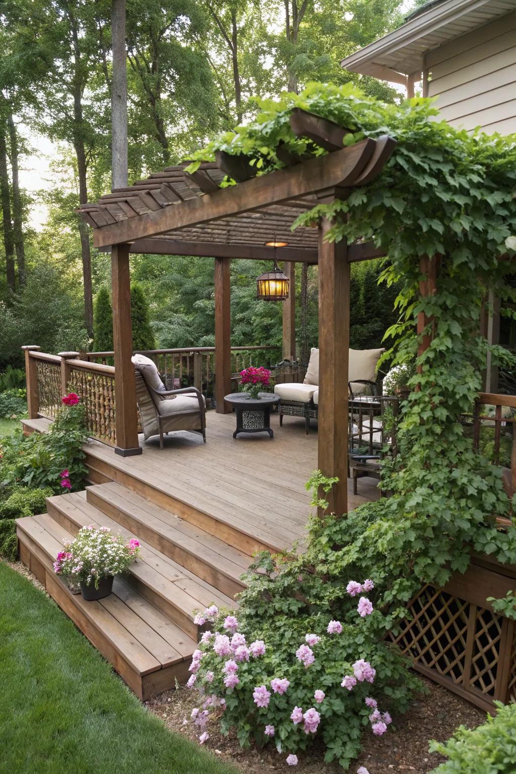 Incorporate a pergola to your deck for style and practicality.