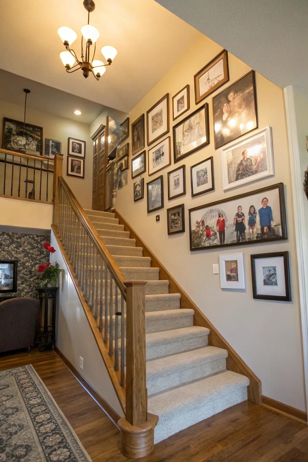 The staircase entryway feels more personal and artistic with a gallery wall.