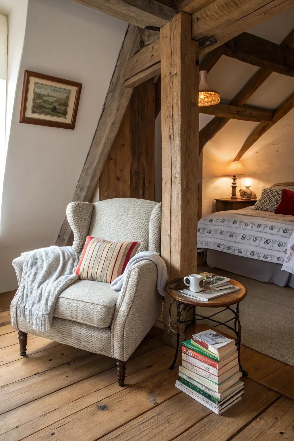 A cozy reading space in a country bedroom, complete with a comfortable chair.