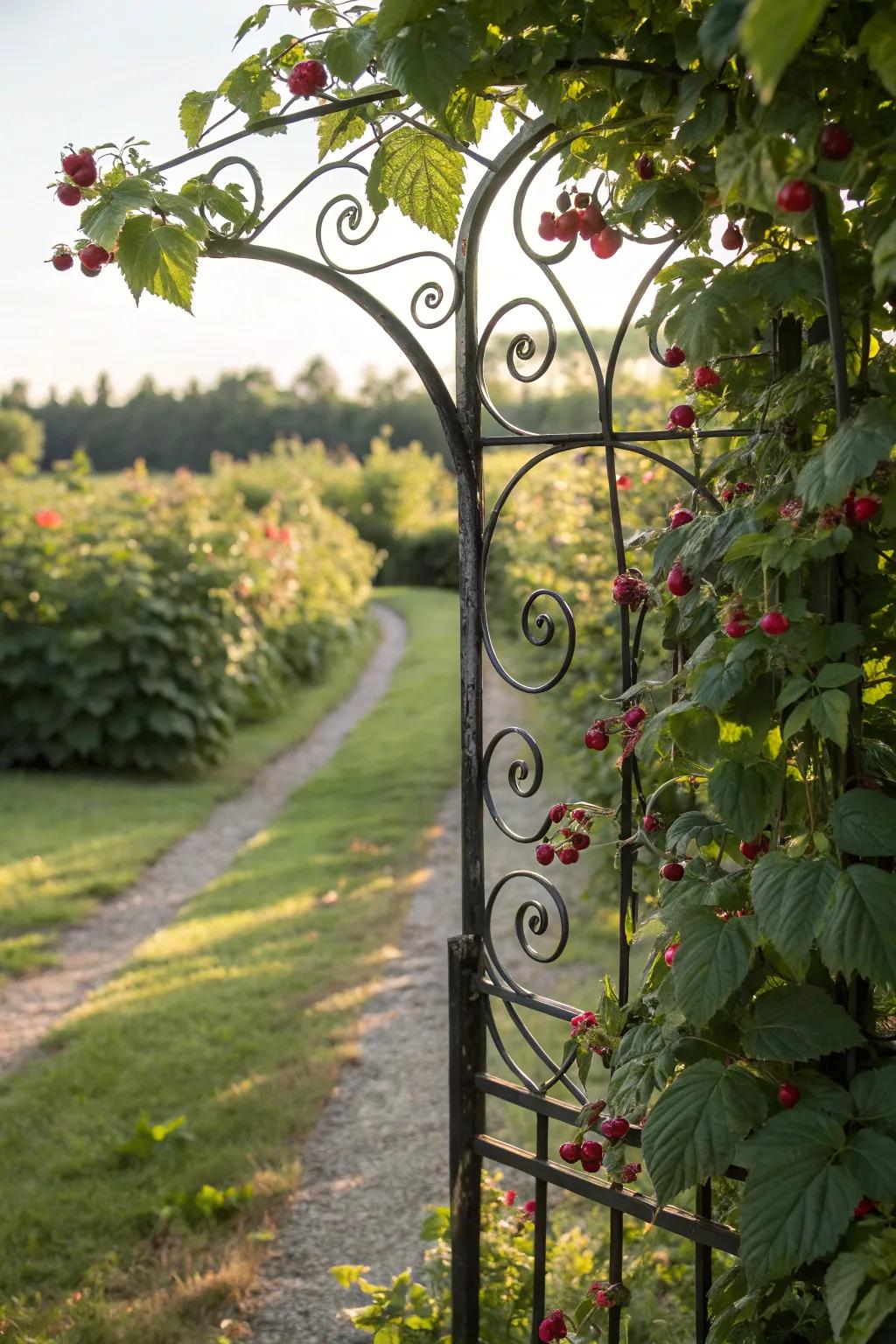 A metal trellis showcasing stylistic features enhances garden aesthetics.