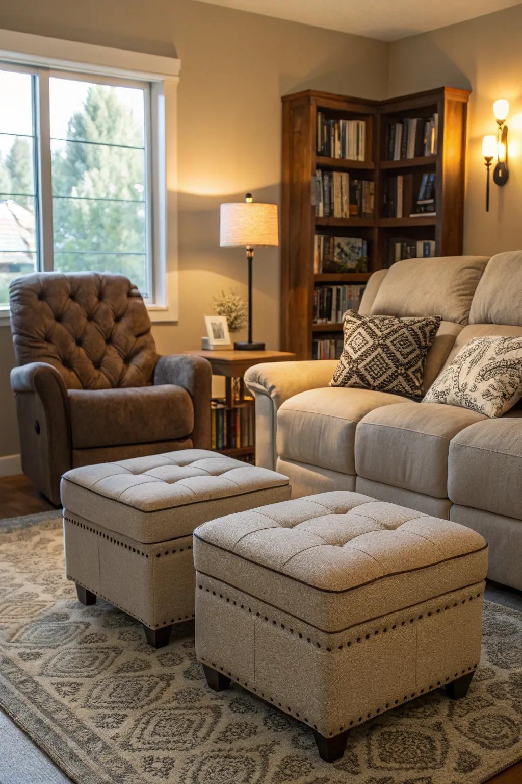 A cozy living room with footrests adding to the recliner sofa&rsquo;s charm.