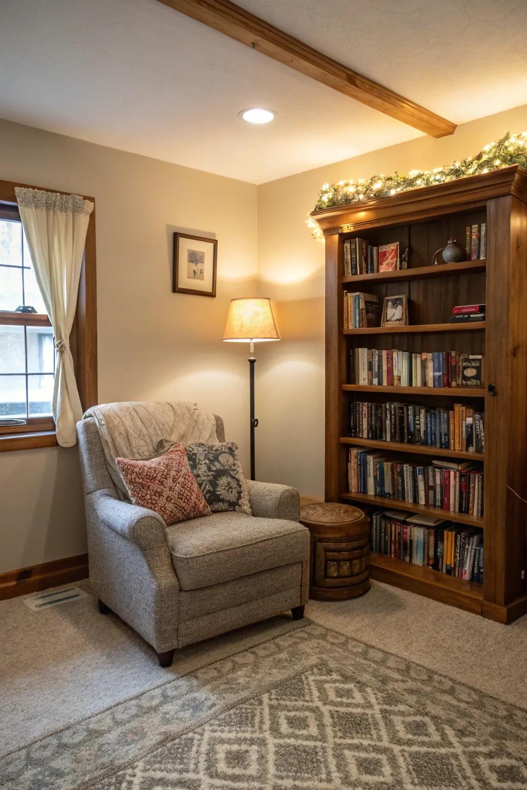 A reading corner provides a comfortable retreat within the room.
