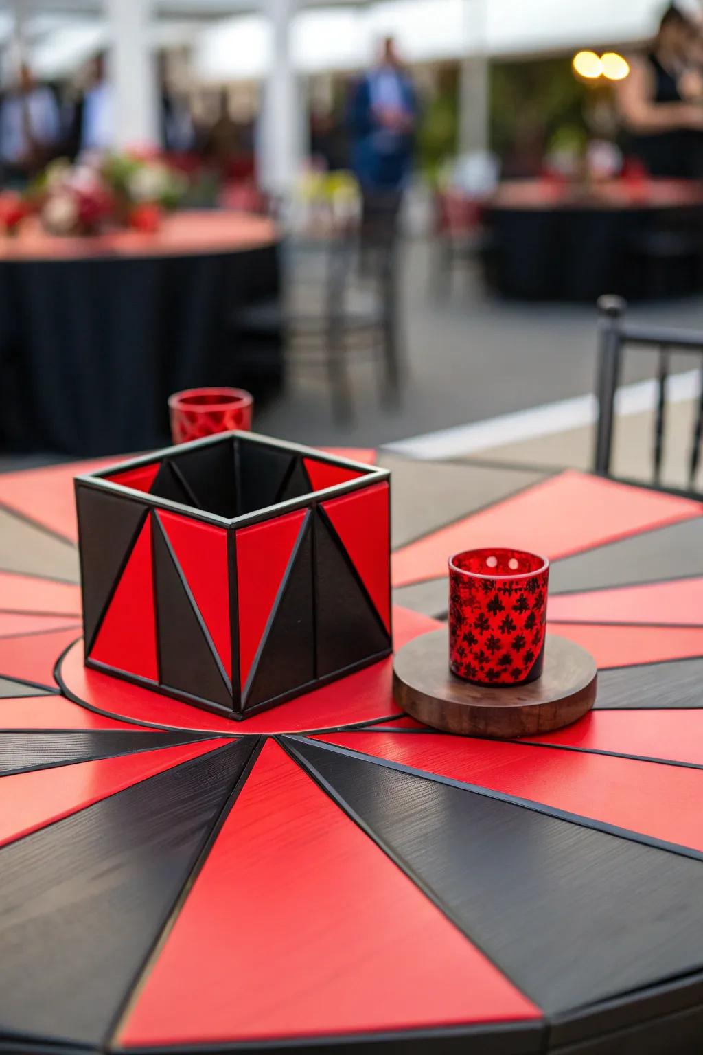 Geometric shapes in ebony and scarlet add a modern twist to the centerpiece.