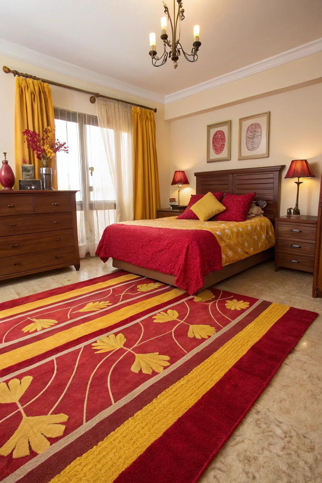 A crimson and gold rug ties the room's color scheme together beautifully.