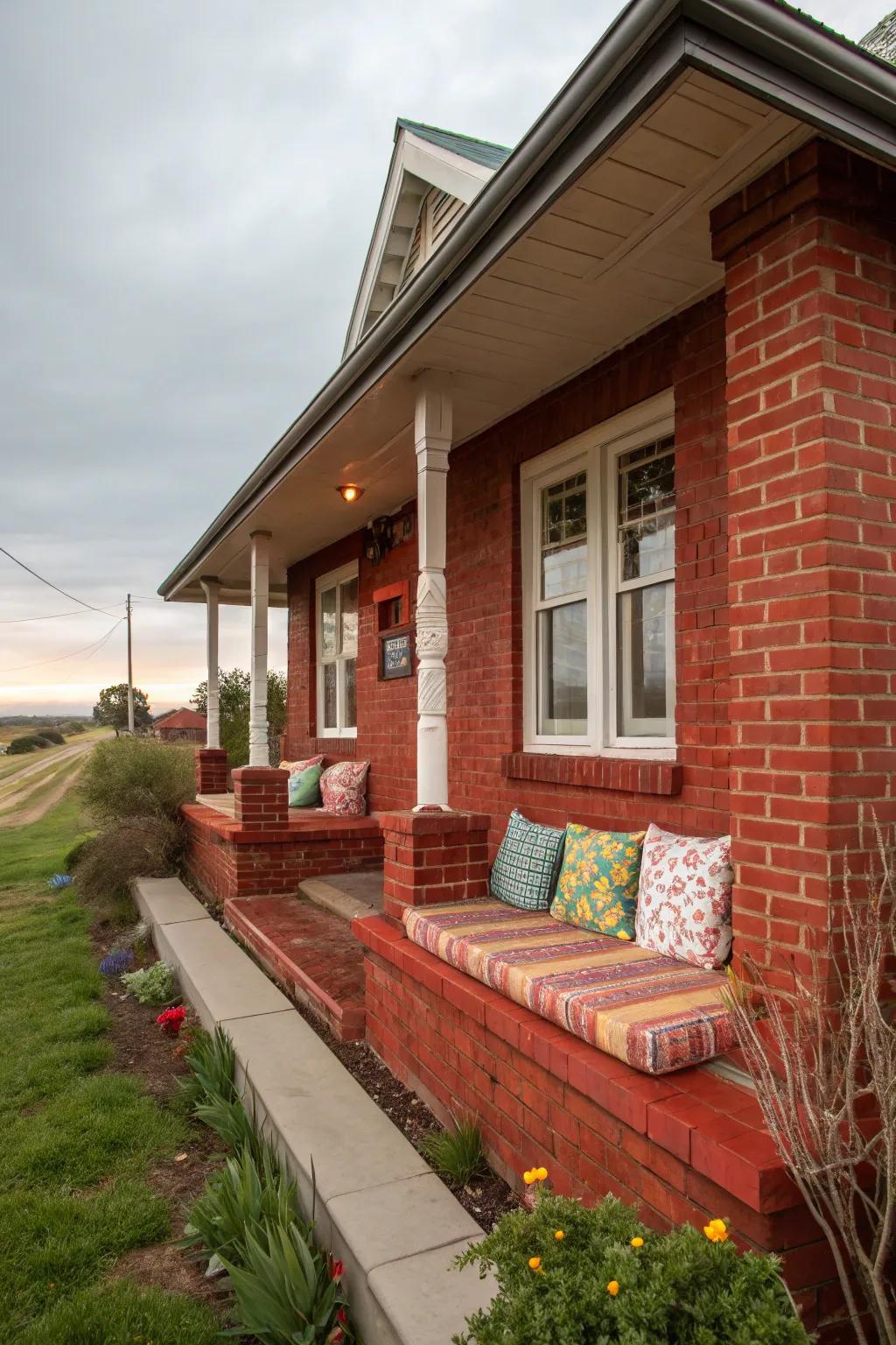A built-in bench adds functionality to a red brick porch.