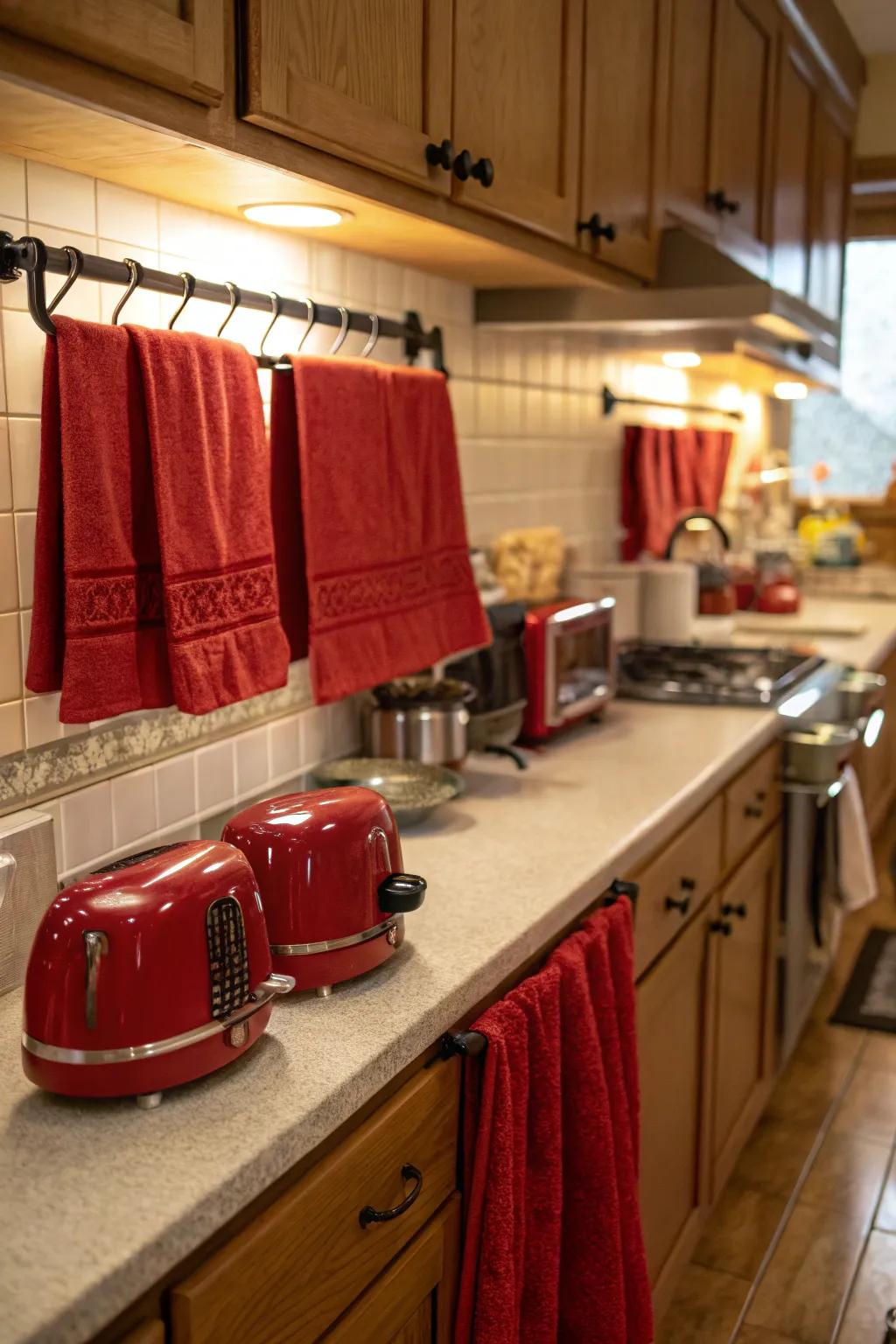 Celebratory red aspects conveying holiday cheer towards the kitchen.