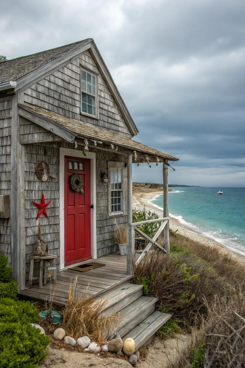 Coastal home with a scarlet door, embodying seaside charm.