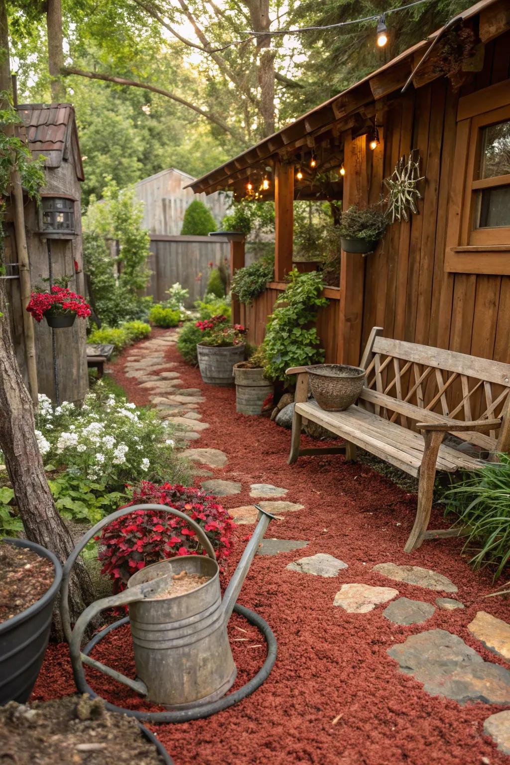Garnet ground cover integrates with rustic decor, introducing an enchanting countryside vibe.