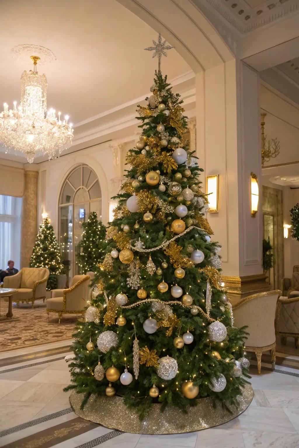 A gilded and snow-white wreath adds glamour to the festive tree.