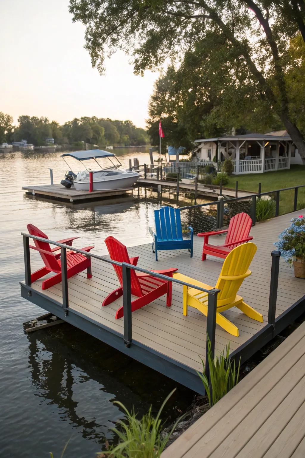 A dock with various seating choices that encourage relaxation.