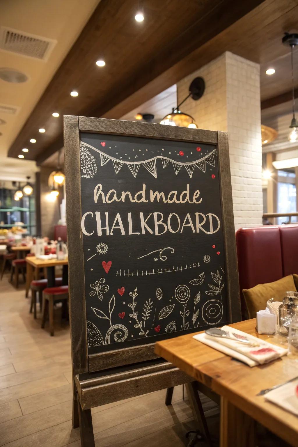 A chalkboard reflecting a handmade aesthetic, adding a personalized touch to the restaurant.