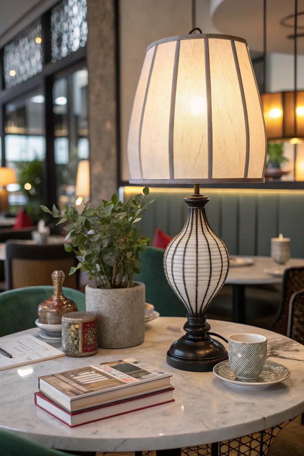 A modern lantern-style table lamp on a restaurant table with eclectic decor.