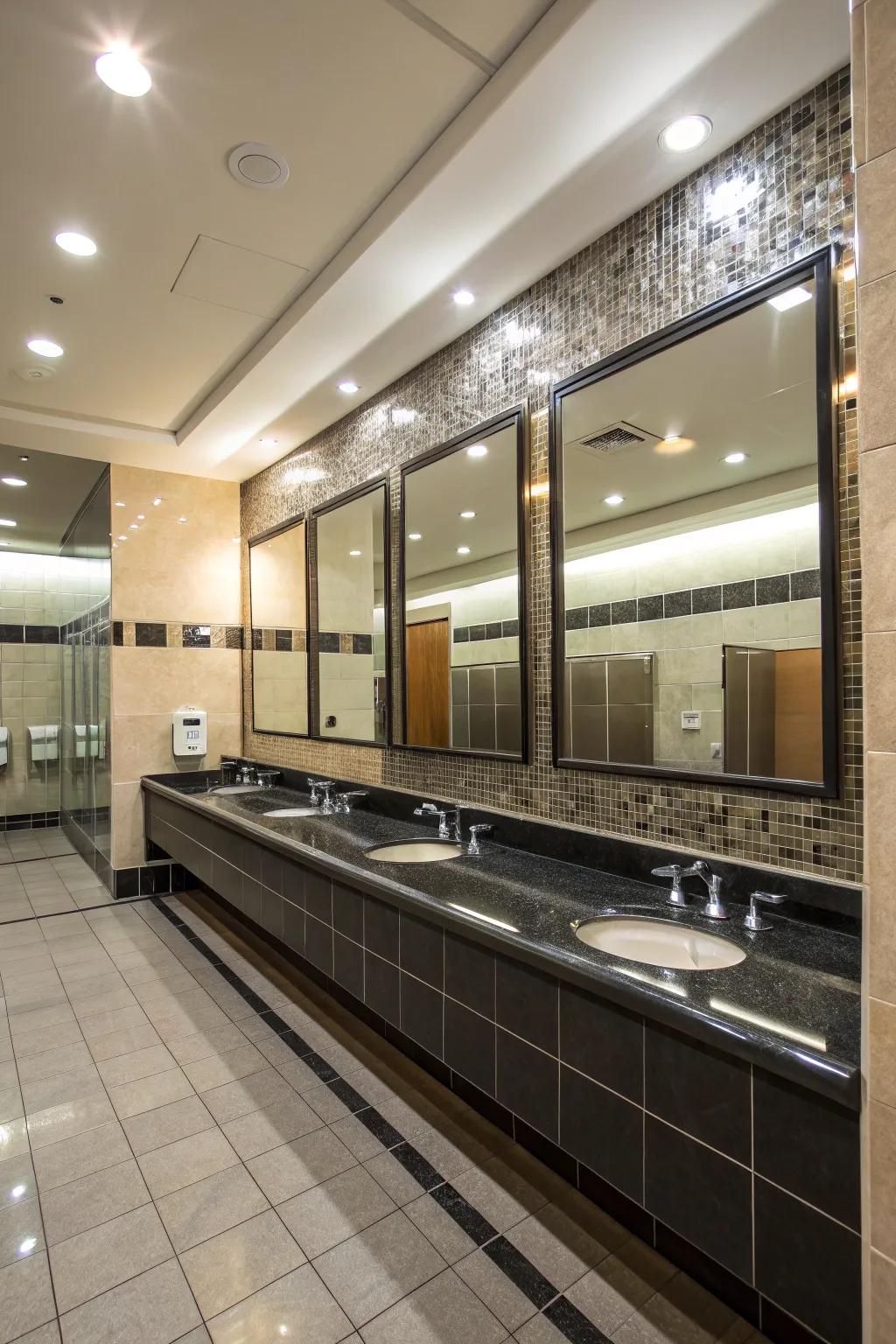 Reflective surfaces add dimension and light to the bathroom.