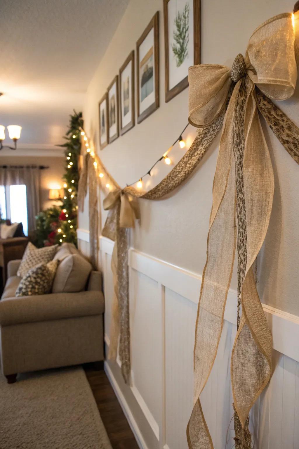 Warm up your space using a rustic ribbon garland.