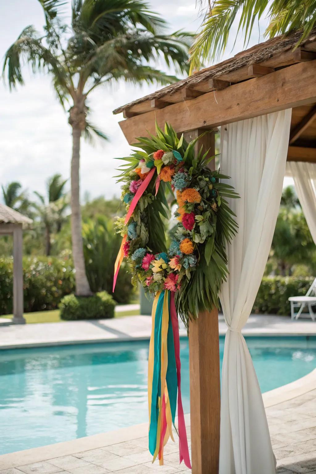 Establish a warm weather ambiance through this colorful paradise wreath.