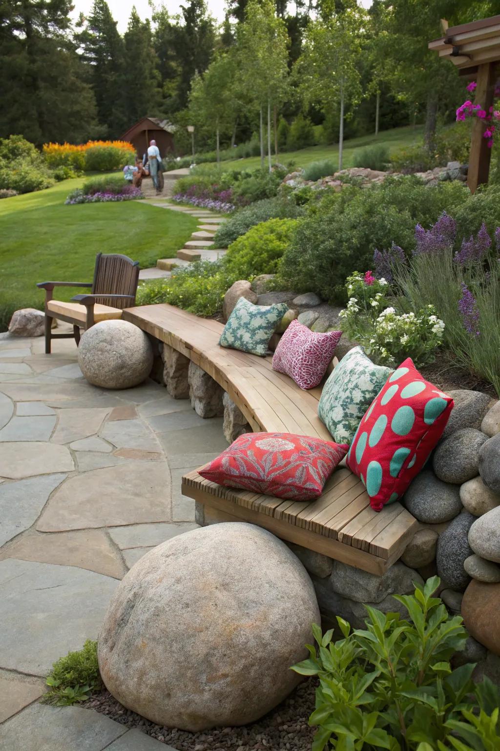 Large smooth stones form an inviting and creative seating zone in this garden.