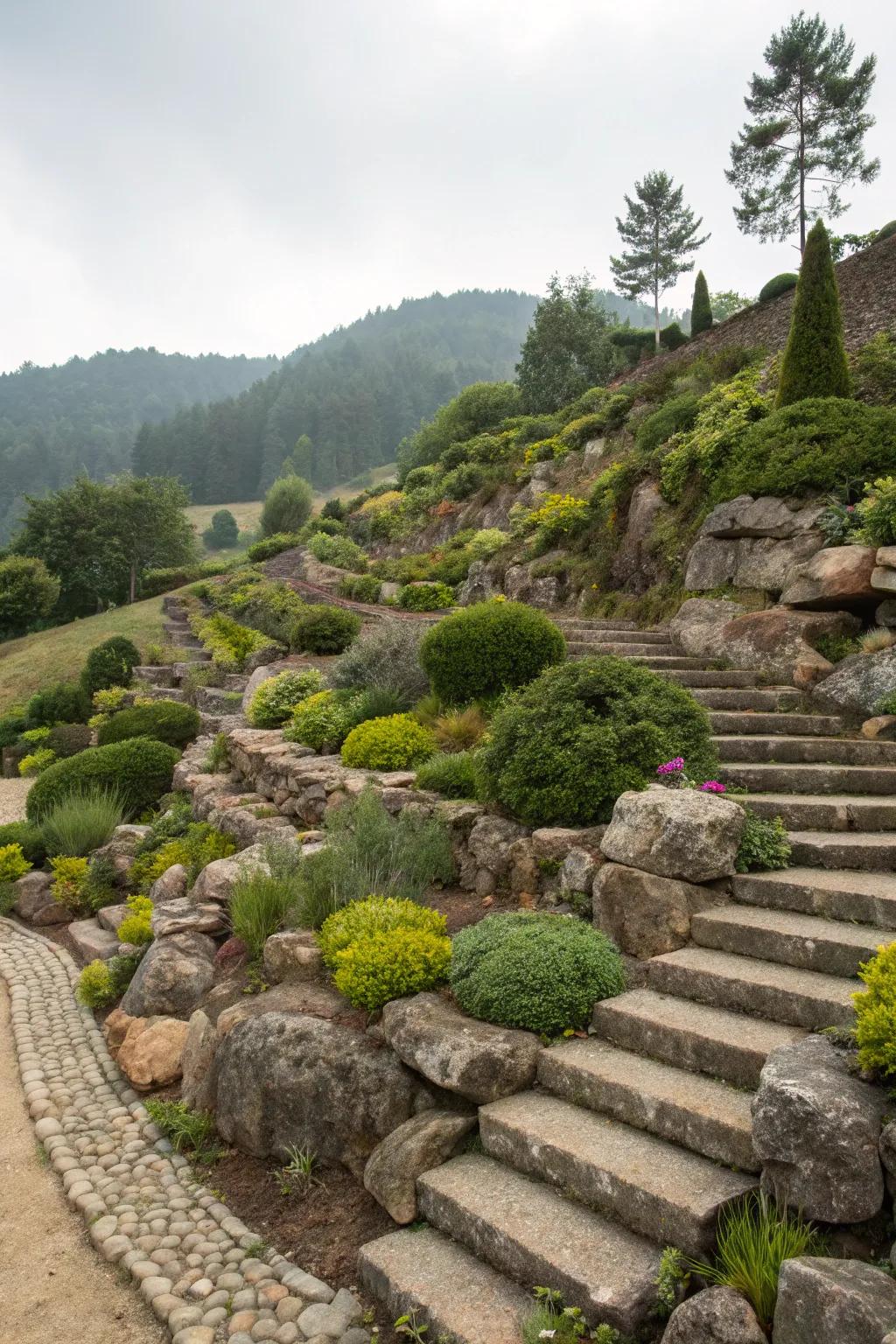 Maximize inclines with layered stone gardens.