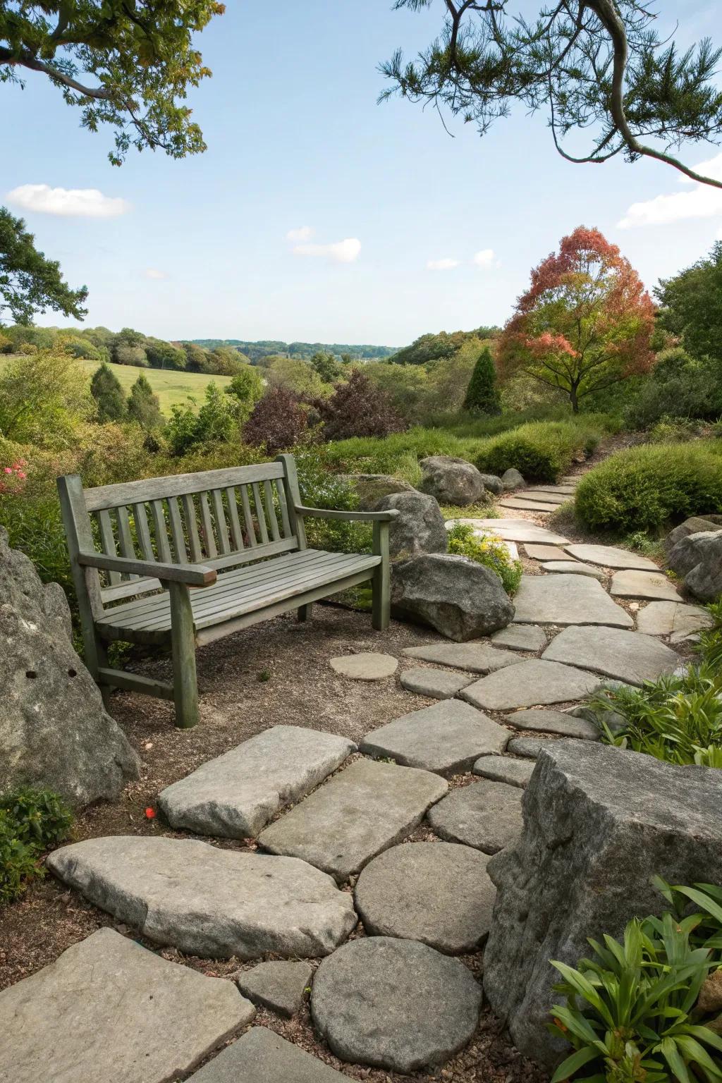 A tranquil seating area set in a rock garden.
