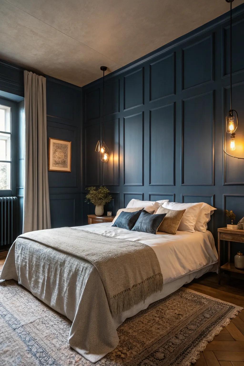 Atmospheric colors introduce sophistication and depth to a romantic space.