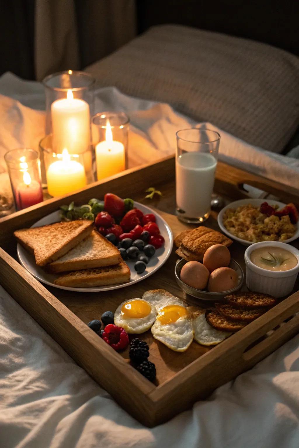 A breakfast by candlelight creates a warm and intimate atmosphere.