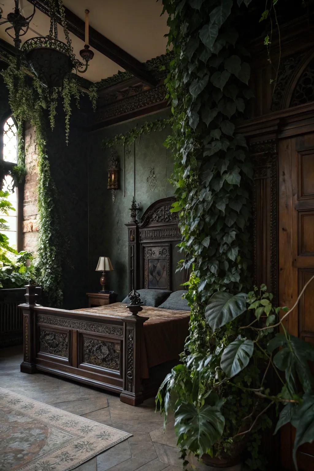 Dark greenery plants introduce a refreshing gothic twist to the decor.