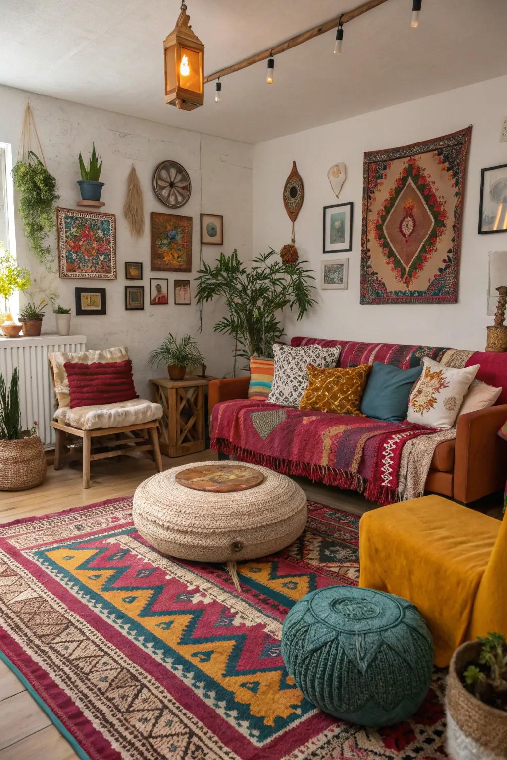 A bohemian living room with eclectic colors and vibrant style.